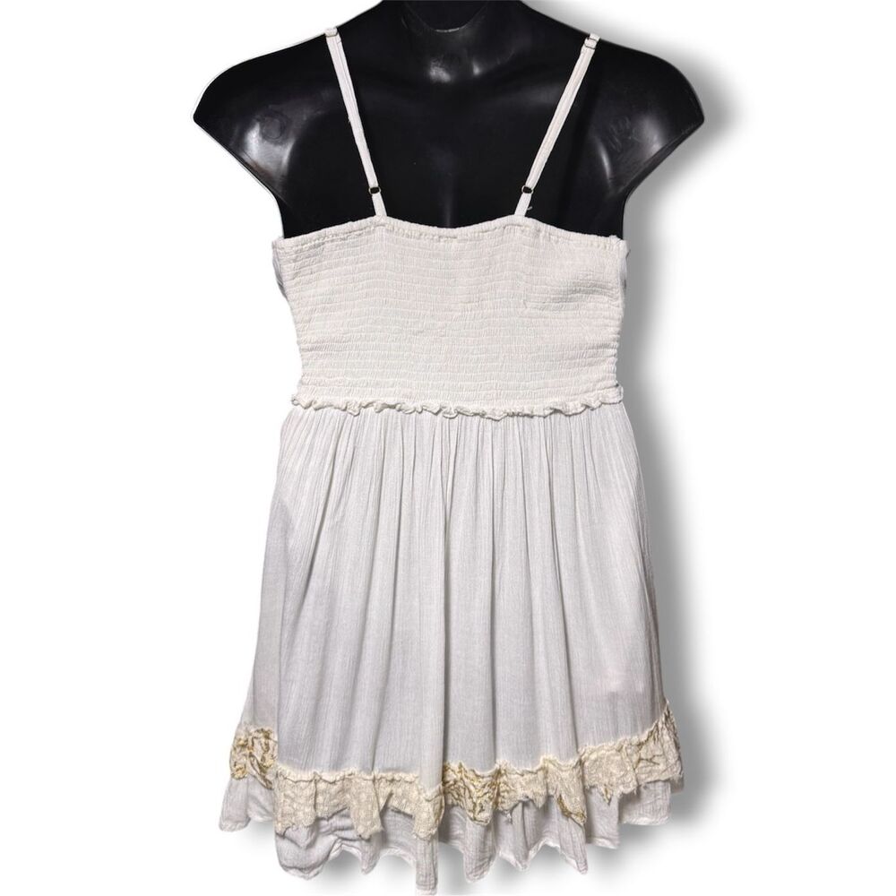 POL Boho Embroidered Mini Dress Smocked Waist Floral Tassel Tie Ivory Cream NEW - Picture 10 of 16